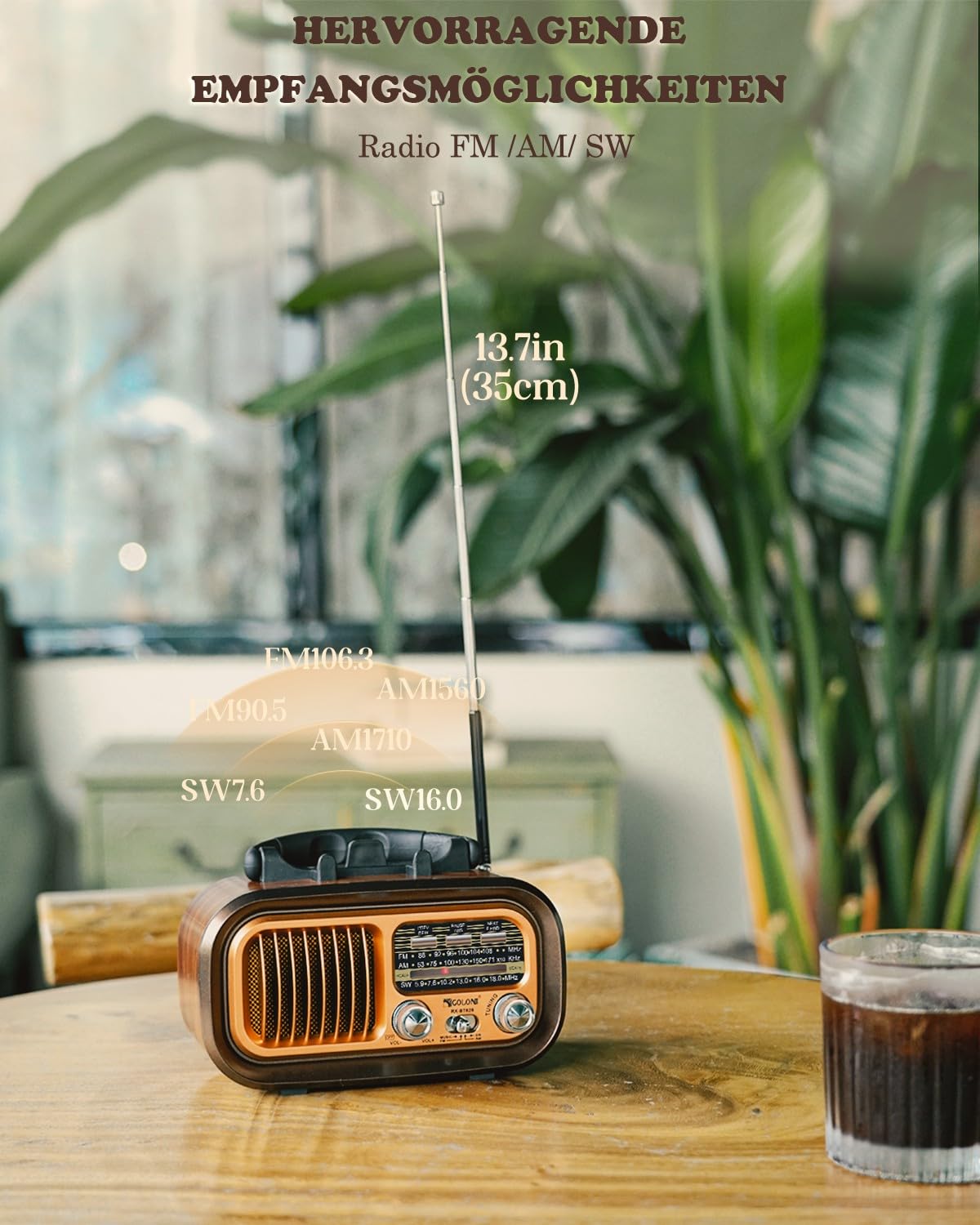 Retro Radio Klein mit Bluetooth,Tragbares AM/FM/SW Radio,Hervorragender Empfang,Nostalgie Unterstützt USB/TF-Karte Funktion,1200mAh Akku oder D-Zellen Batterien