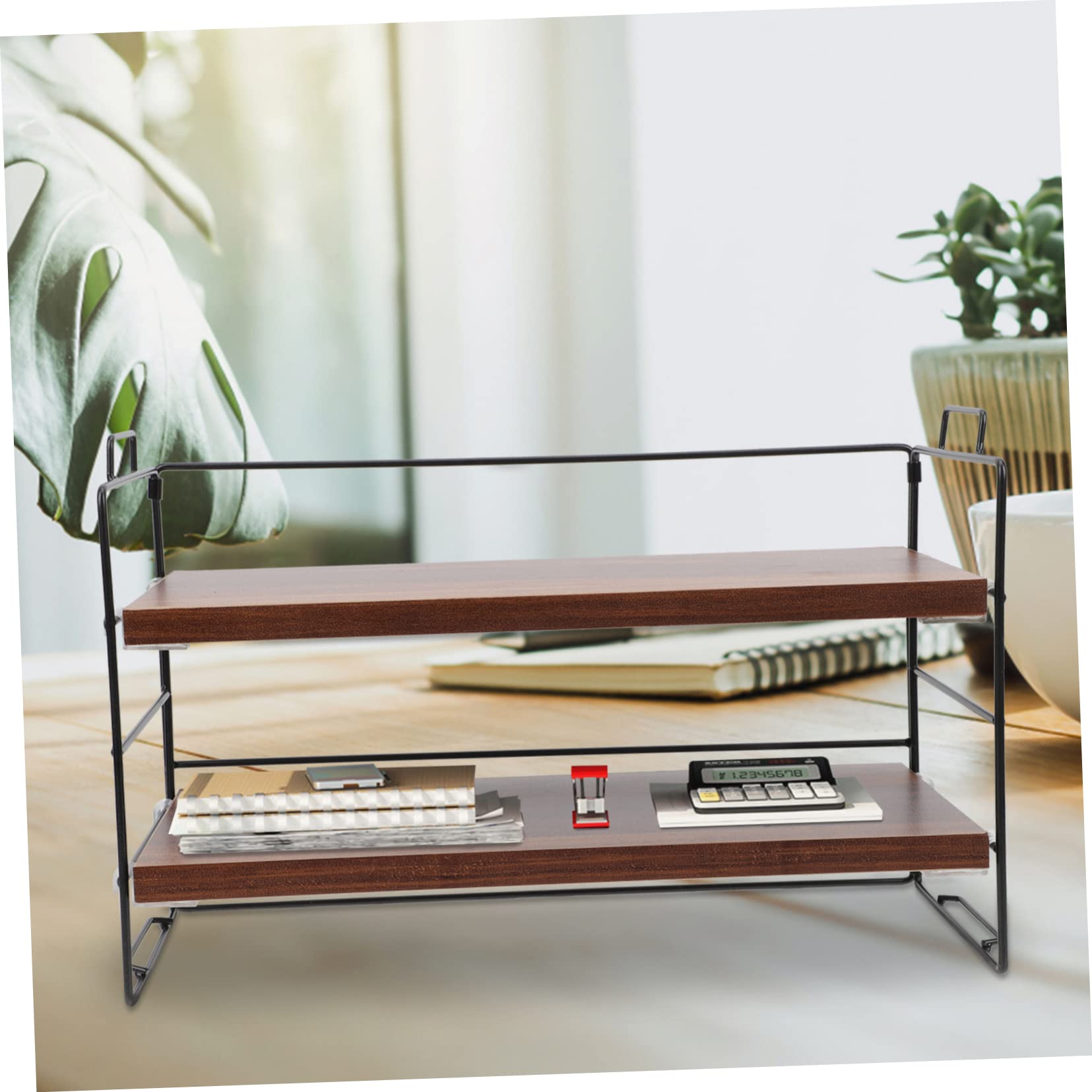 Ciieeo Schreibtisch Bücherregal aus Eisen und Holz 2 Ebenen Braun Einfache Montage Praktische Schreibtischablage für Büro und Zuhause Gewürzregal Stehend Holz