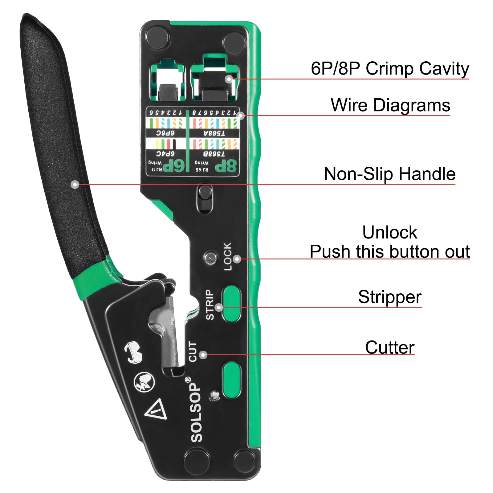 Solsop Pinza crimpatrice RJ45 passante, Cat6, per connettore Cat5, Cat5e, Cat6, 8P8C, strumento di crimpatura RJ45 tutto in uno e tester LAN