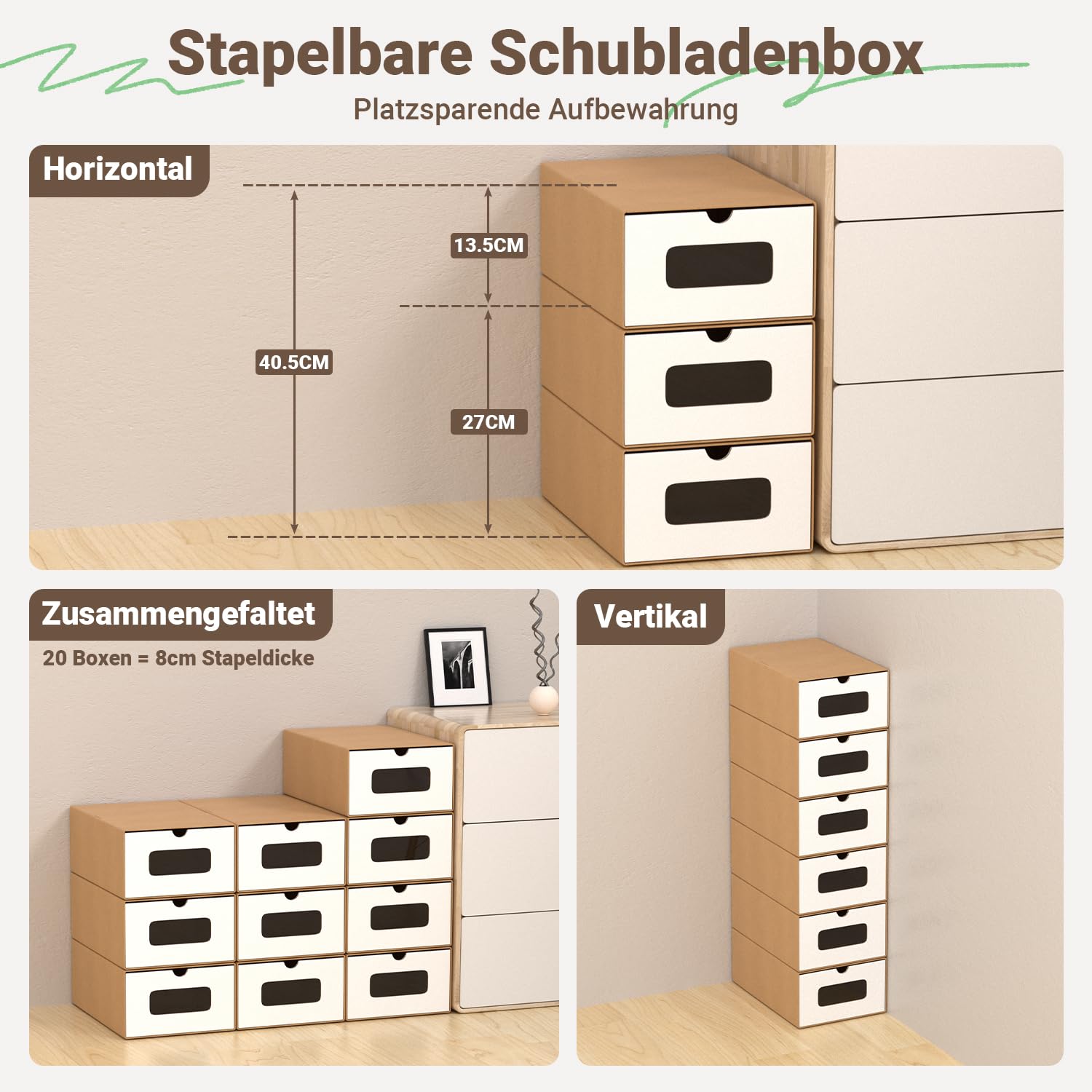 Lote de 20 cajas de almacenamiento de zapatos en cartón blanco puro con ventana – Cajas de zapatos plegables de papel kraft, apilables, 35 × 23 × 13 cm