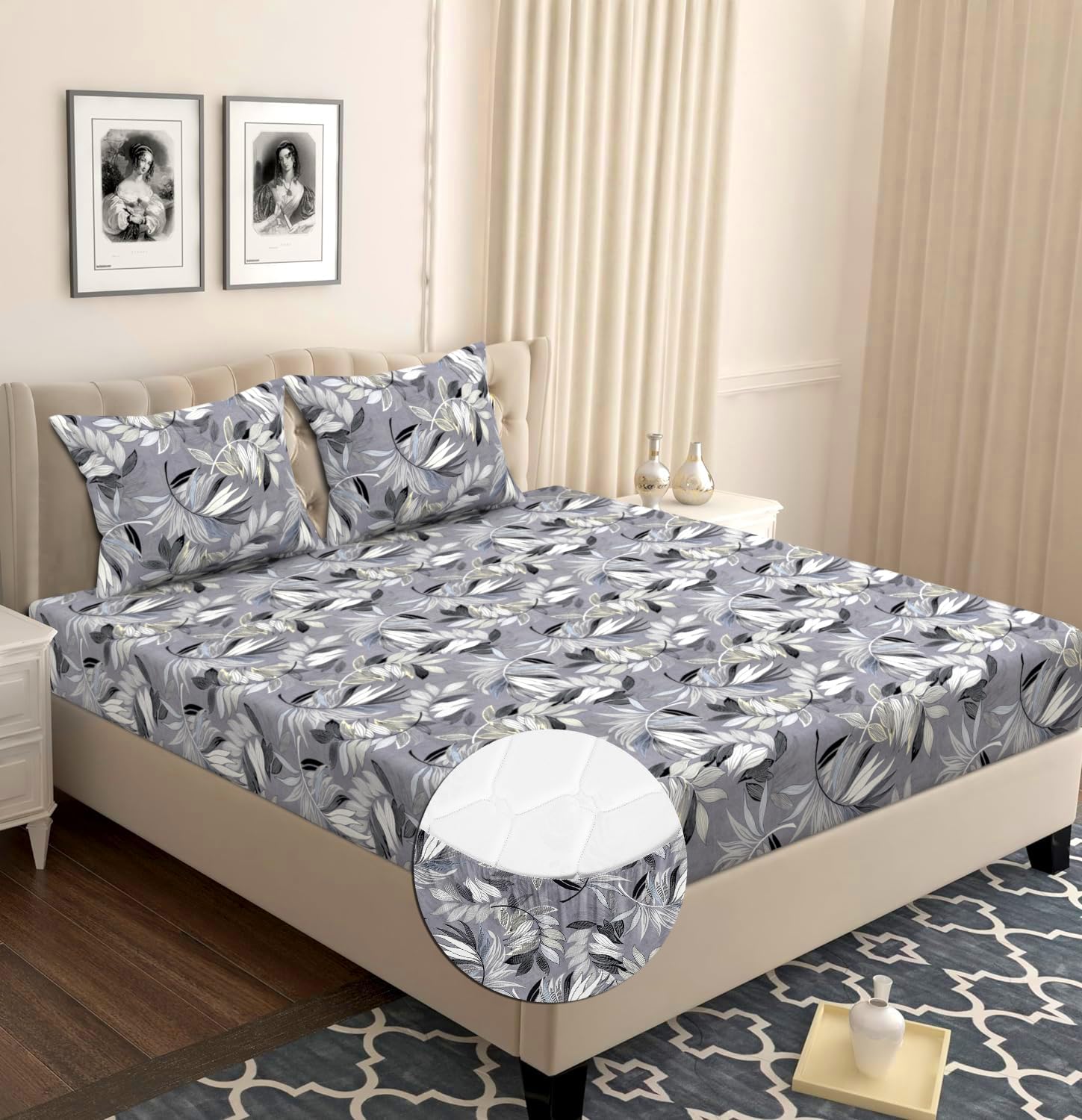 VAS COLLECTIONS Premium Cotton Elastic Fitted Double Bedsheet Set – 160-210 TC, 72 x 68 + 6 Inches | Wrinkle-Free, Breathable, Floral Print with 2 Pillow Covers | Corner Fitted Sheet (Black & Grey)-image-33