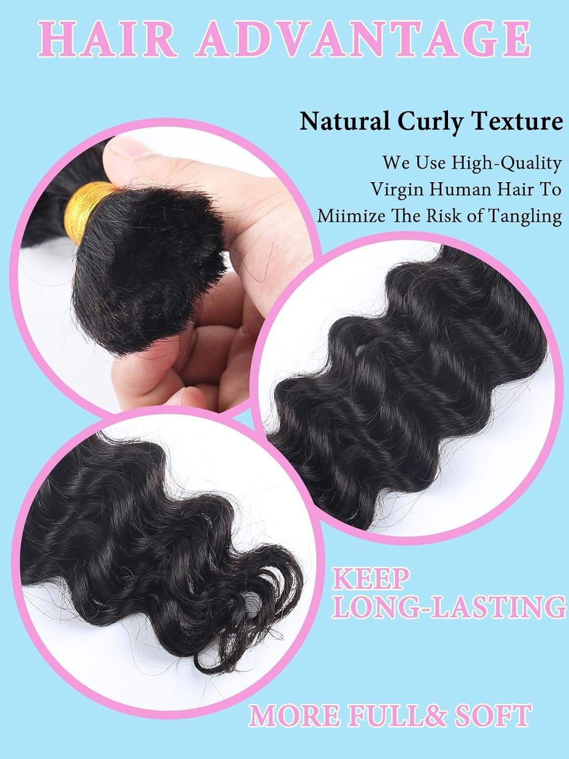 Sexycat Deep Curly Human Braiding Hair for Boho Braids 2 Bundles 22 Inch 100g,#1B Natural Black Water Wave Bulk Human Hair for Micro Braiding Wet and Wavy Human Hair Extensions - Image 4