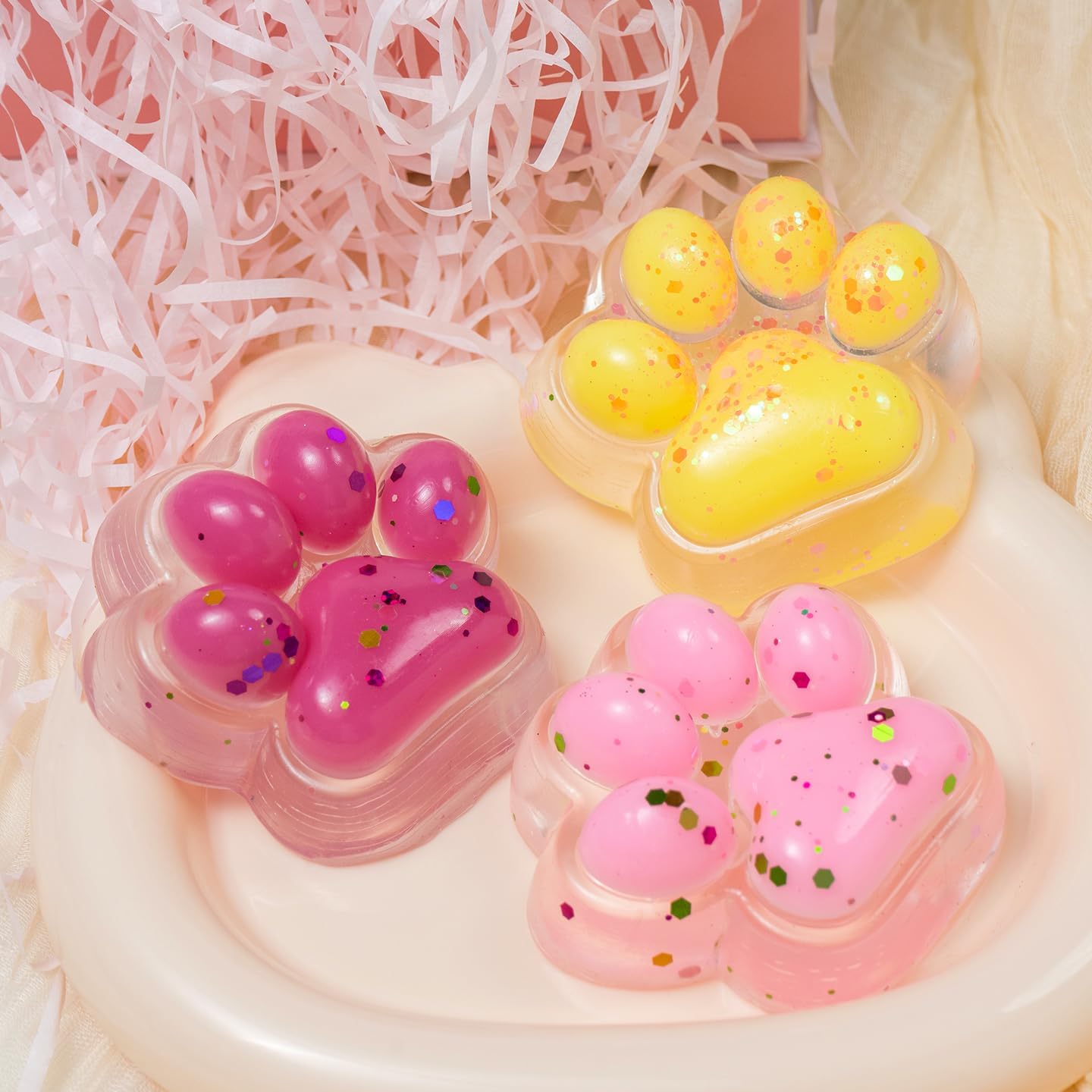 タバ猫の足スクイッシーおもちゃ3個 透明ベース付き キラキラ 猫の肉球スクイーズ ストレス解消とリラックスのためのフィジェットトイ、