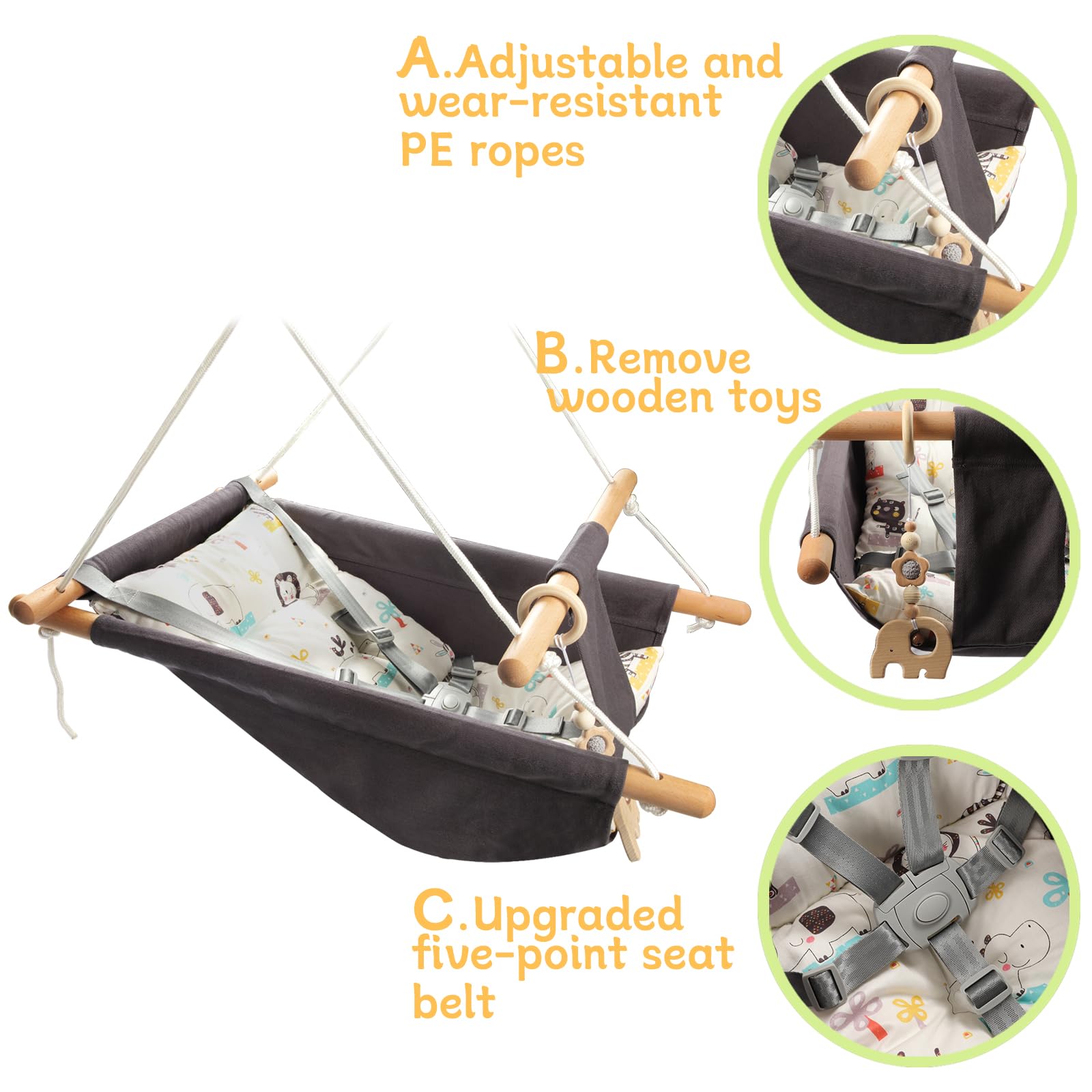 Columpio para bebés al aire libre e interior para bebés y niños pequeños, columpio portátil ajustable para porche con cinturón de seguridad de 5 puntos, silla colgante de árbol para niños, 3