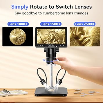 TOMLOV TriL107 3-Lens Digital Microscope 2500X,Coin Magnifier with Light