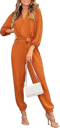 PRETTYGARDEN Women's Fall Jumpsuits Dressy Casual Pants Romper Spring Long Sleeve V Neck Belt Pockets One Piece Outfits