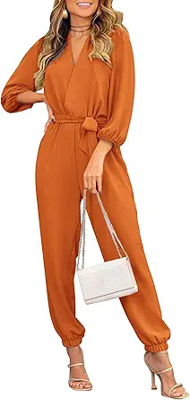 PRETTYGARDEN Women's Fall Jumpsuits Dressy Casual Pants Romper Spring Long Sleeve V Neck Belt Pockets One Piece Outfits