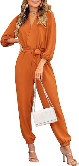 PRETTYGARDEN Women's Fall Jumpsuits Dressy Casual Pants Romper Spring Long Sleeve V Neck Belt Pockets One Piece Outfits