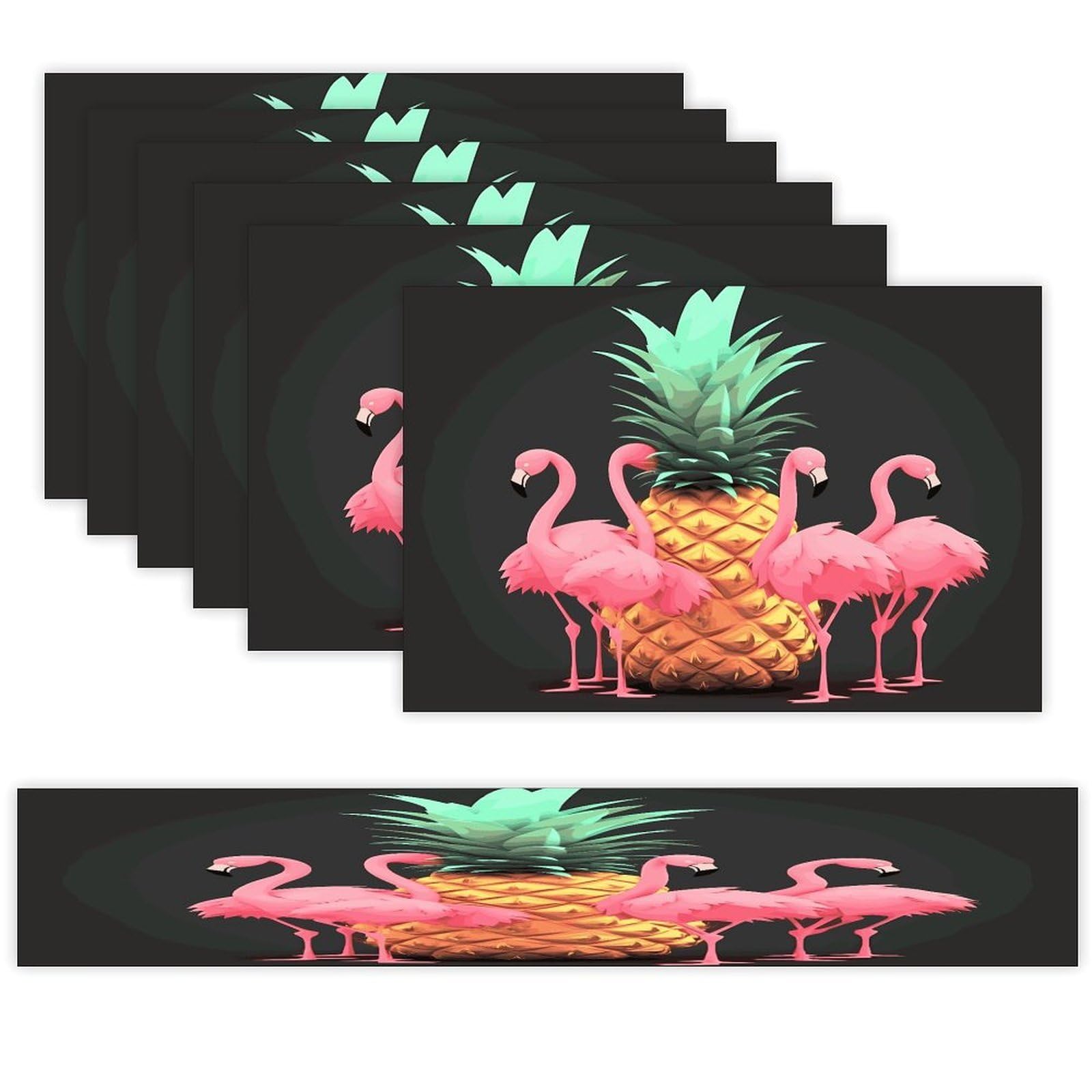 Pineapple Flamingos Table Runner and Placemats Set of 6 Modern Art Table Runners Table Mats Heat Resistant Non-Slip Place Mats Washable Linen Dining Mat Sets for Kitchen