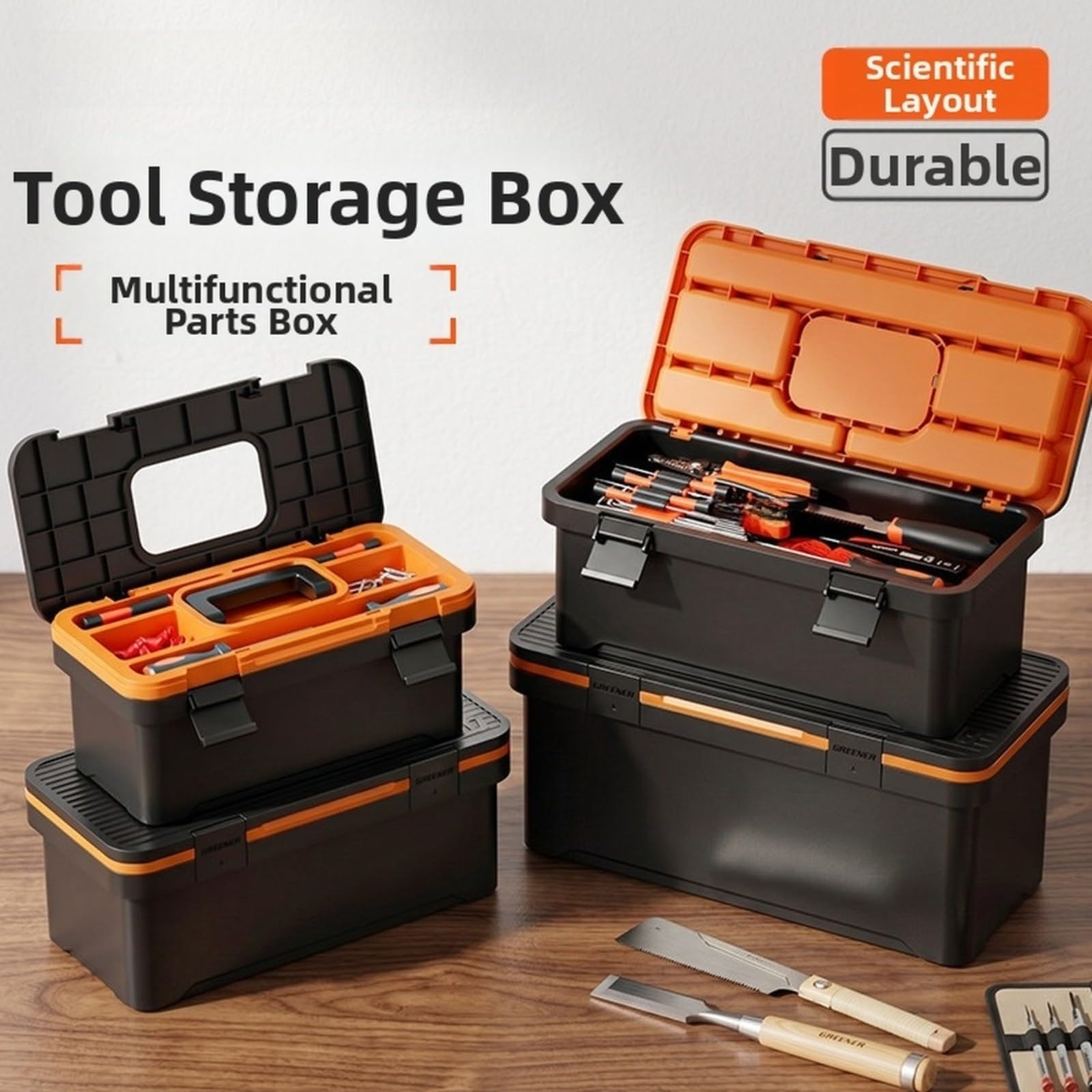 Cassetta degli attrezzi in plastica, organizer modulare a doppio strato con manico, custodia in PP+ABS per strumenti e parti, 46x21x21cm (19)