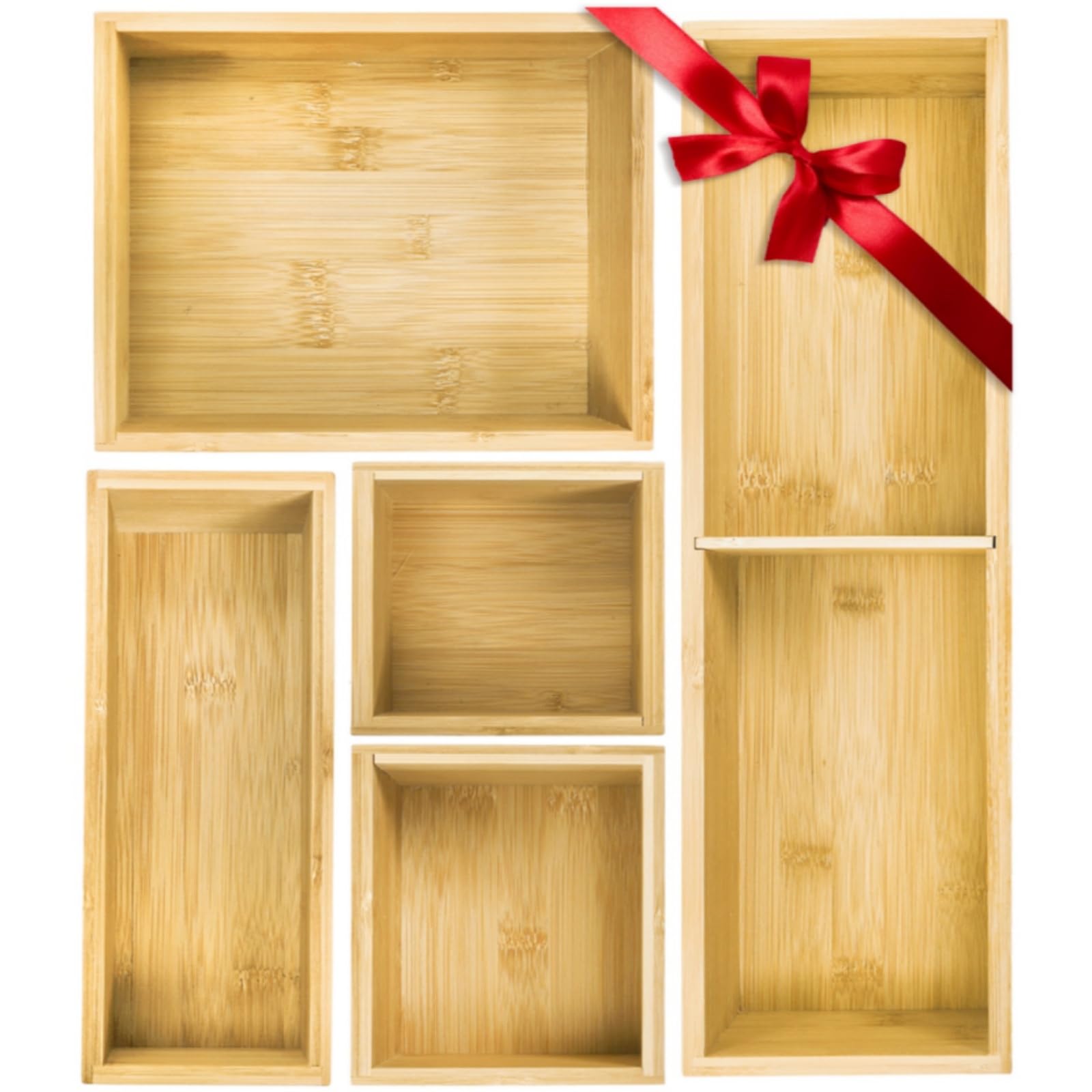 ZAVOOS 6 Stück Bambus-Schubladen-Organizer, individuelles Junk-Tee-Aufbewahrungs-Schubladen-Tablettt, Set mit herausnehmbaren Trennwänden, verstellbarer Besteck-Utensilien-Make-up-Halter für Küche,