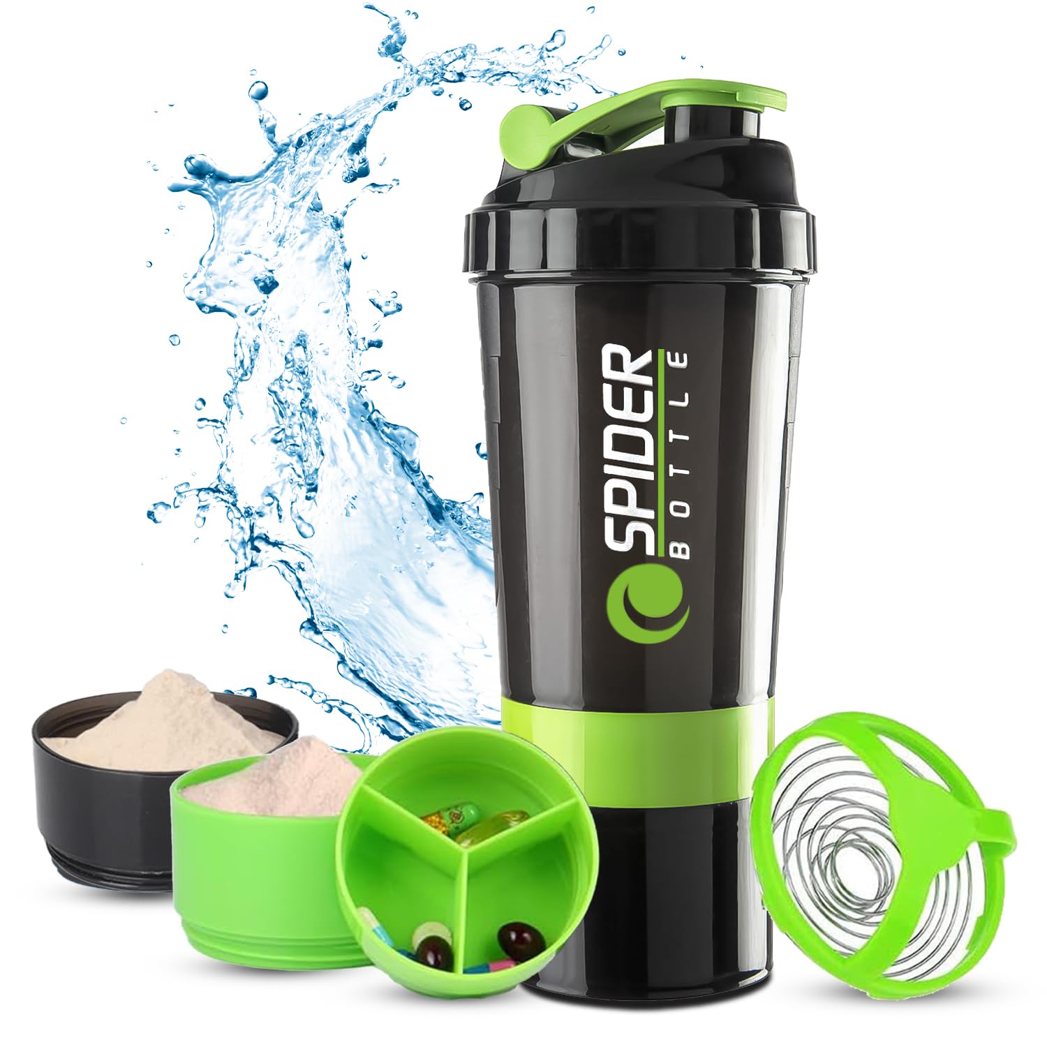 Active 100 Protein Shaker Bottle 500ml With Extra Compartment - Gym Shaker Bottle For Men & Women, Perfect For Protein Shakes & Supplements (Green)