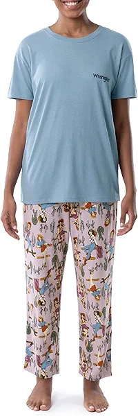 Wrangler Women's Short Sleeve Graphic Tee and Printed Pants Pajama Sleep Set, Blue/Cowgirl, 3X