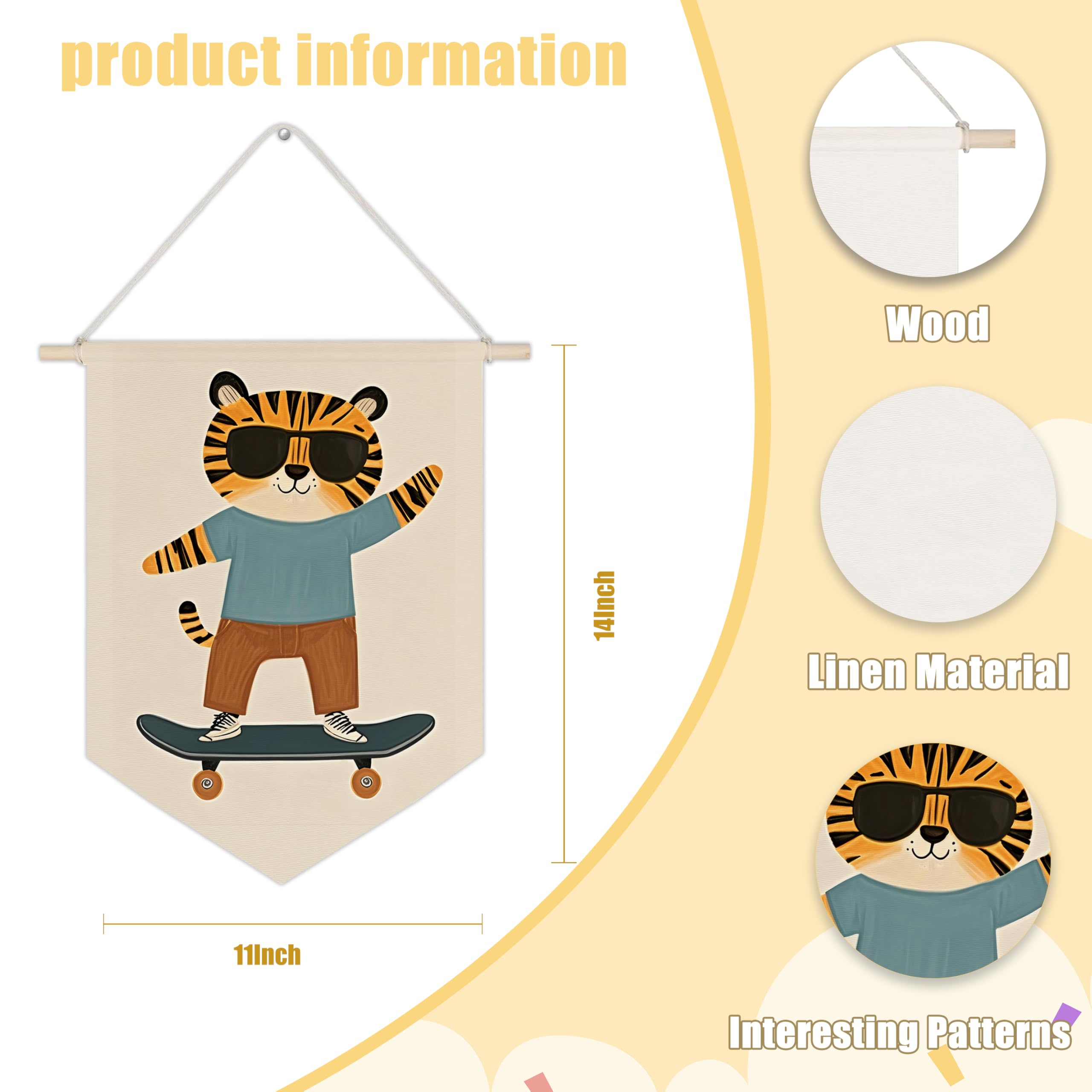 WUCHJ Tiger Nursery Canvas Wall Banners, Cute Little Tiger on Skateboard Hanging Display Pennant Flags, Eclectic Animal Wall Decor for Kids Nursery Toddler Room Bedroom Playroom 11x14 Inch