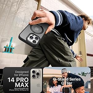 QTlier case for iPhone 14promax, 360 Rotatable Ring Stand, Raised Camera Frame, Shockproof with MagSafe Black