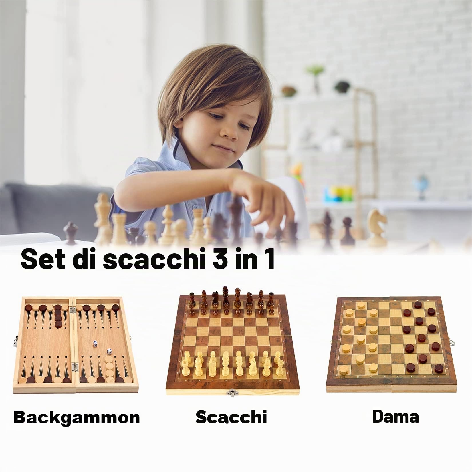 Scacchi in legno Scacchiera portatile pieghevole professionale legno 3 in 1 Chess Board Set per attività di famiglia Festa Adulti Bambini Viaggio