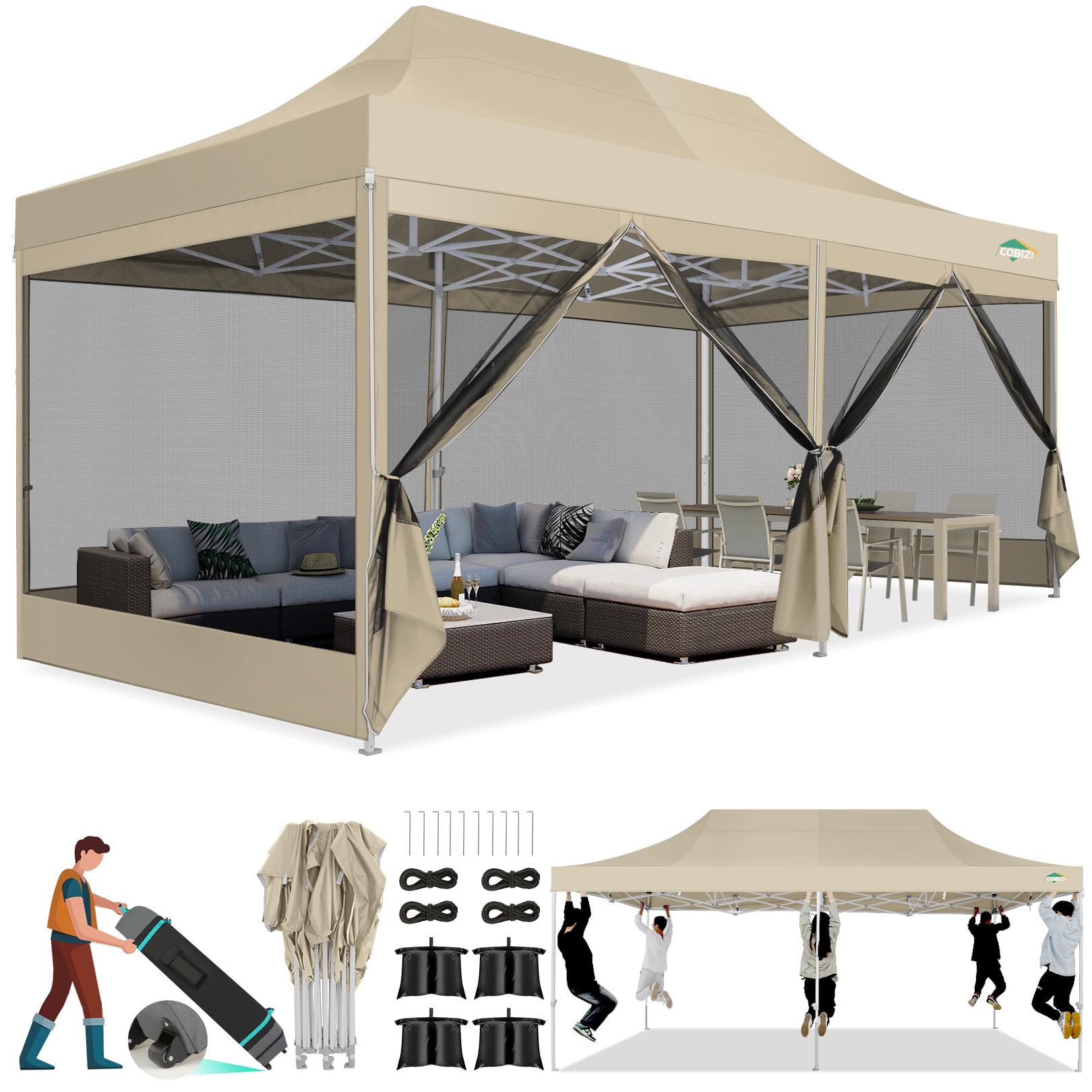 COBIZI Faltpavillon 3x6 m mit Moskitonetz, wasserdicht, stabil | UV-Schutz 50+, 3-fach höhenverstellbar, 6 Seitenwände, robustes 420D Oxford-Gewebe, mit Aufbewahrungstasche mit Rollen