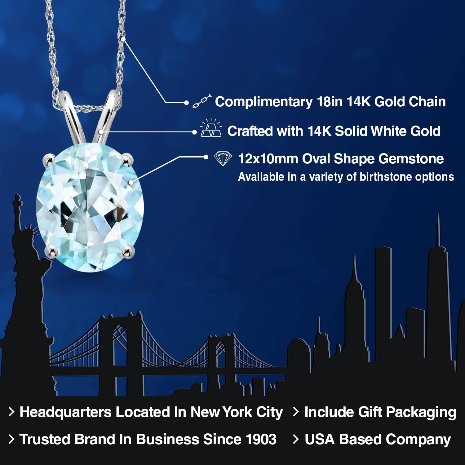 Gem Stone King 14K White Gold Sky Blue Topaz Pendant Necklace for Women | 6.00 Cttw | Gemstone November Birthstone | Oval 12X10MM | With 18 Inch Chain - Image 2