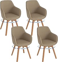 LEWE Dining Chairs Pack 4 Swivel Dining Chairs Set with Armrests, 360° Swivel Modern Corduroy Kitchen Chairs with Wooden Legs and Back, for Living and Dining Room, Khaki