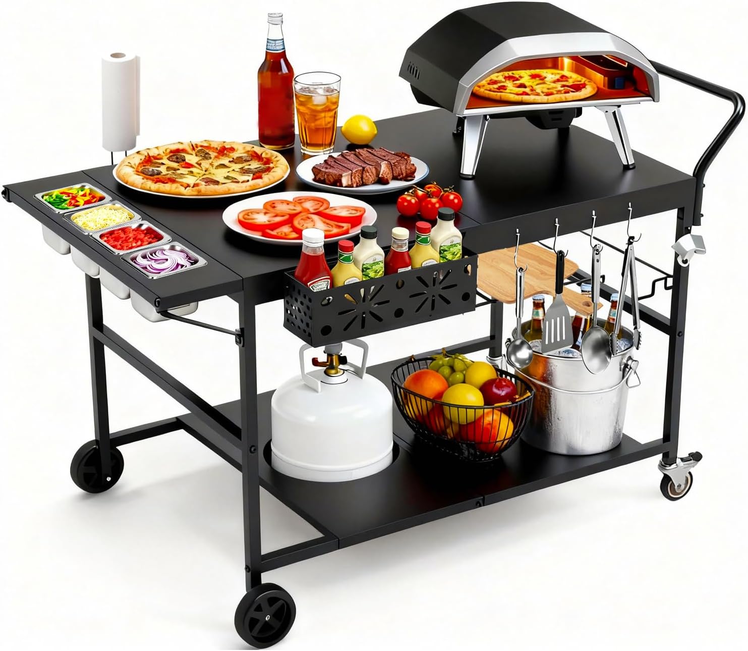 47" Outdoor Pizza Oven Table with Wheels, Heavy Duty Pizza Oven Cart with Propane Tank Holder, Grill Cart Prep Table for BBQ Patio Backyard Cooking, Large Metal Stand