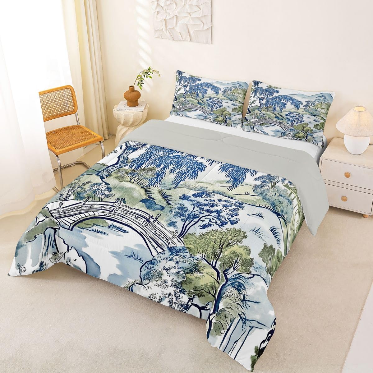 Feelyou Chinese Landscape Painting Comforter Set Toddler Vintage Chinese Art Design Bedding Set for Kids Boys Girls Nature Theme Duvet Quilt Oriental Garden Bedroom Decor 2 Pcs with 1 Pillow Cases