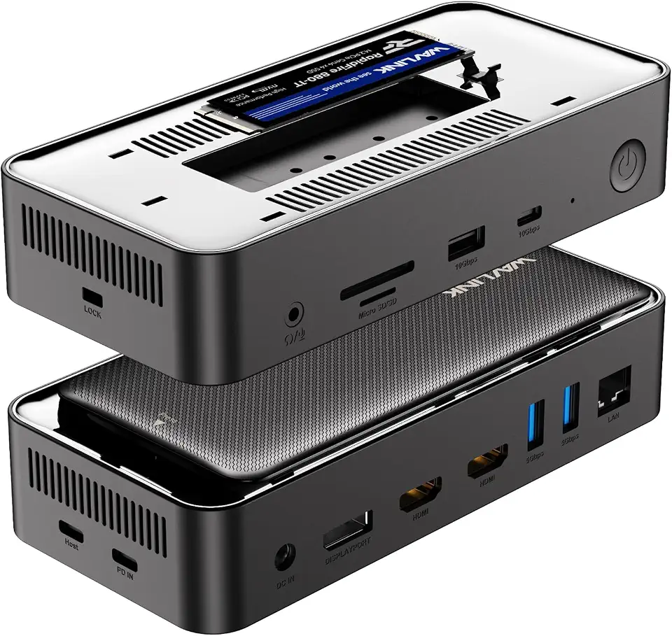 WAVLINK Laptop Docking Station 3 Monitors 12-in-1 USB C Hub with 10Gbps M.2 PCIe/SATA SSD Enclosure, 2 HDMI + DP, 100W PD, for MacBook Pro/Air Mac mini M1-M4, Thunderbolt 3/4 Compatible