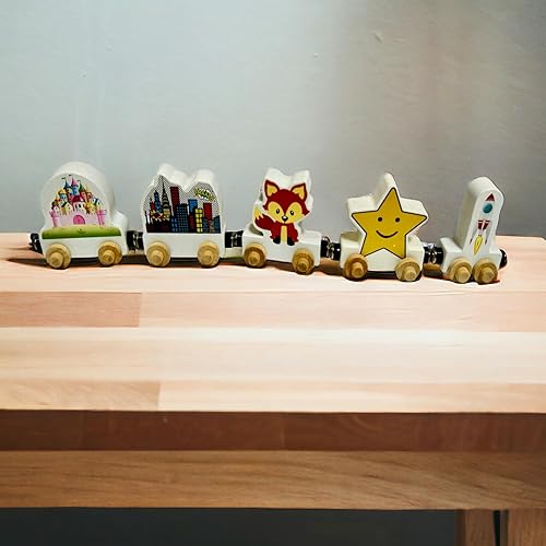 Rompecabezas de trenes de madera para construir tu propio tren. 3 pulgadas cada uno, con ruedas rodantes e imanes autoadhesivos.