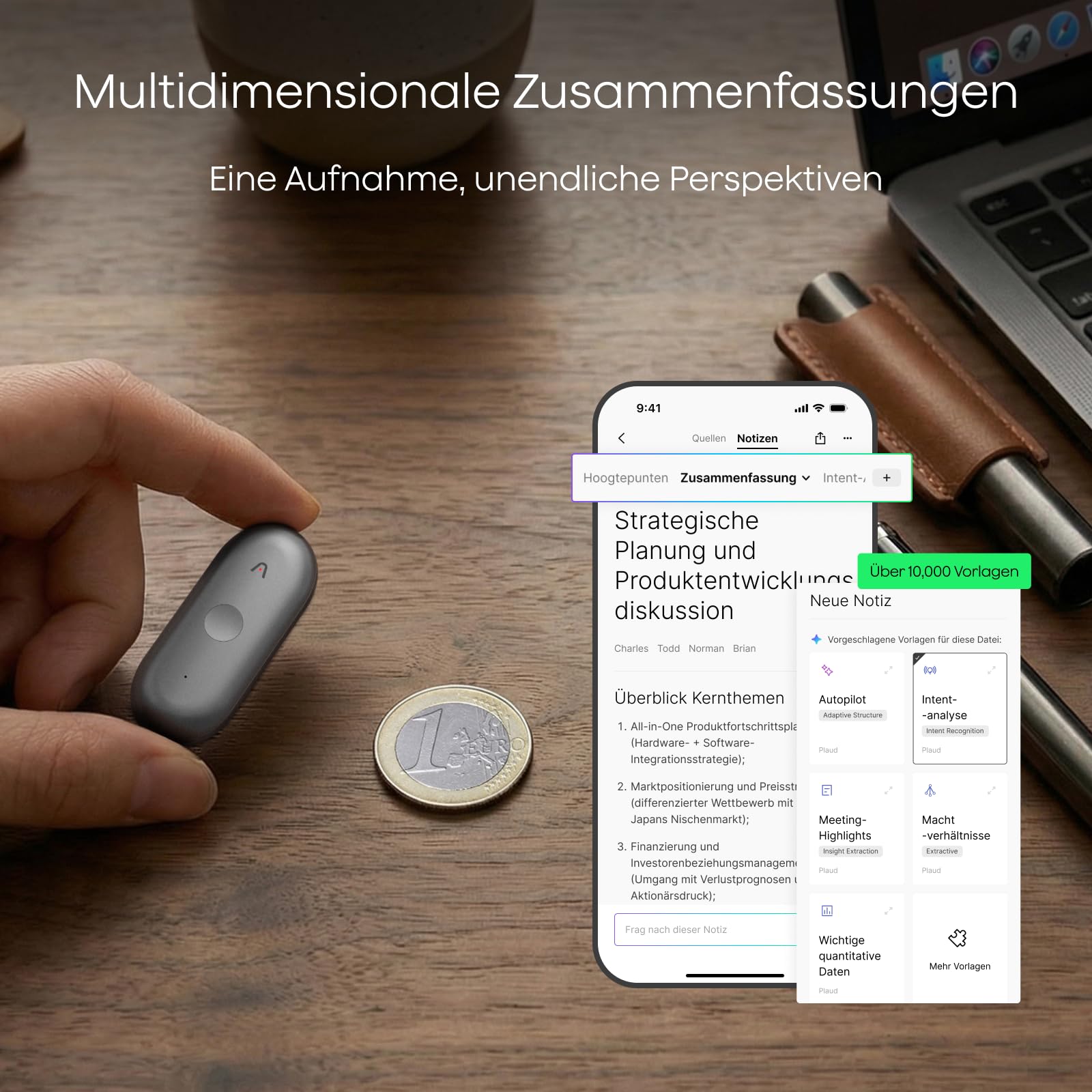 Plaud NotePin S Diktiergerät mit taktiler Aufnahmetaste Profis & Teams KI Voice Recorder KI-Notizgerät KI-Schreibfunktion & Zusammenfassung Aufnahmegerät für Meetings 4 Zubehörteile (Grau)