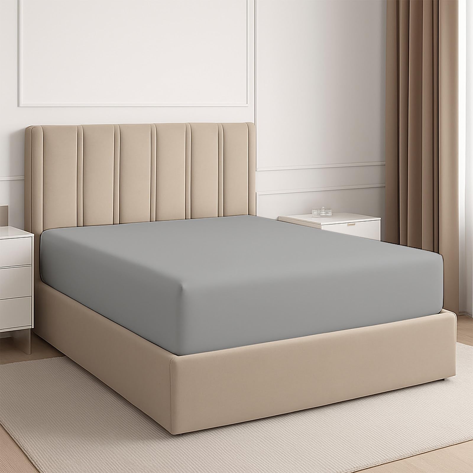 ARlinen 1 PC Queen Fitted Sheet Only, 100% Egytipan Cotton Bottom Sheets, Ultra-Soft, Deep Pocket Fits Up to 12-Inch Mattress, Light Grey