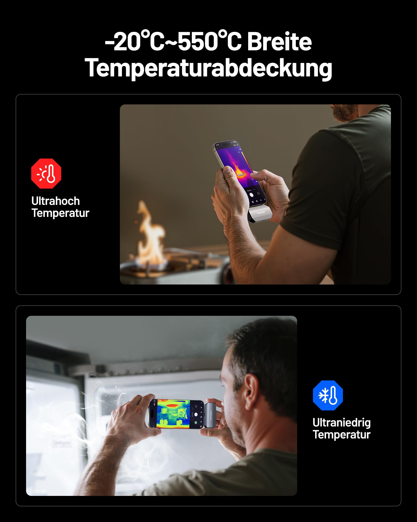TOPDON Wärmebildkamera TC002C Duo für iPhone/Android, 512x384 Superauflösung 256x192 IR-Auflösung, -20°C bis 550°C Temperaturbereich, 25Hz, 40mK,Thermal Camera für HVAC-/Leckagen-/Gebäudeinspektionen