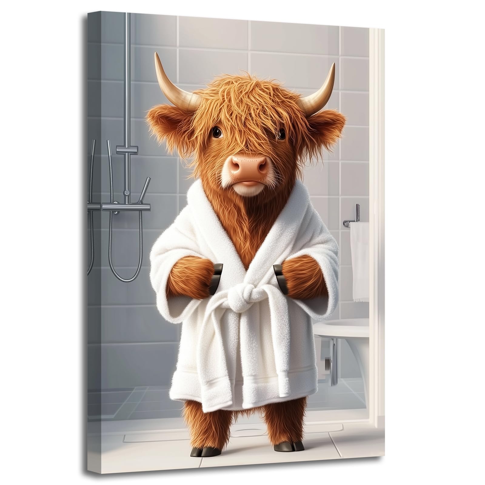 ZXHYWYM Funny Highland Cow Bathroom Decor Cute Cow in Toilet Poster Prints Brown Cow Wall Art Bathrobe Cow Canvas Rustic Farmhouse Decor Framed (Gray, (70.00 x 105.00 cms))