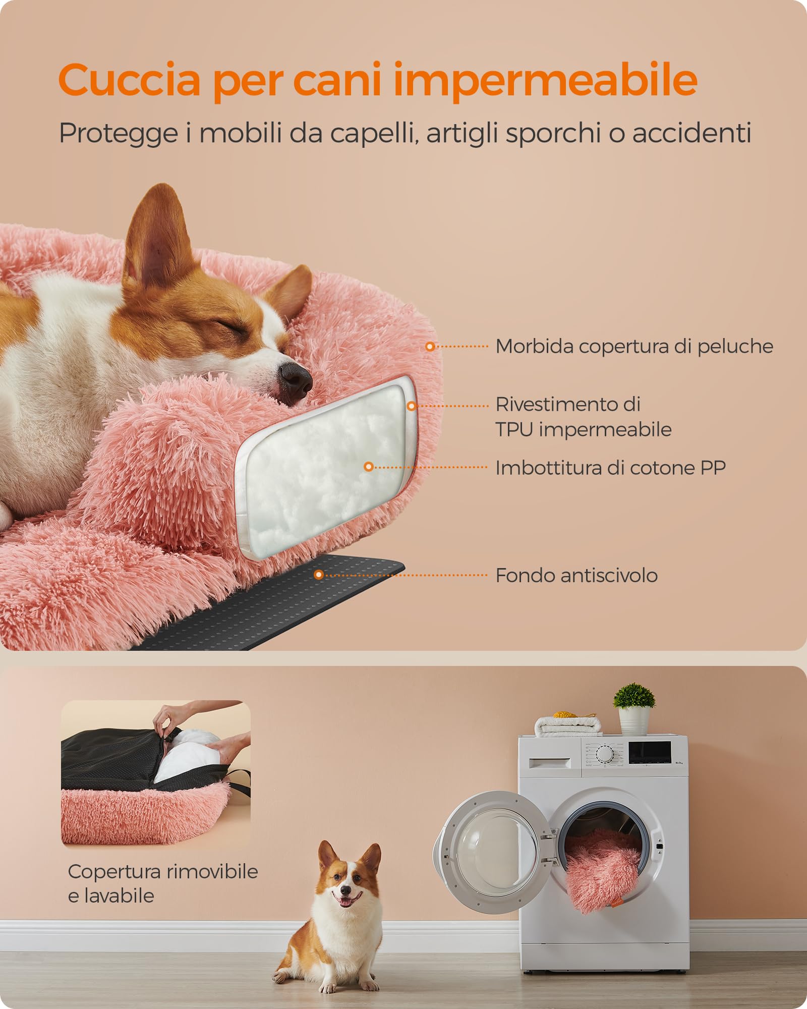 Feandrea FluffyHug Cuccia per Cani di Peluche, Tappeto Copridivano per Animali, Divano per Cani, L, per Cani Medi, 95 x 85 x 16 cm, Rosa PGW222R01