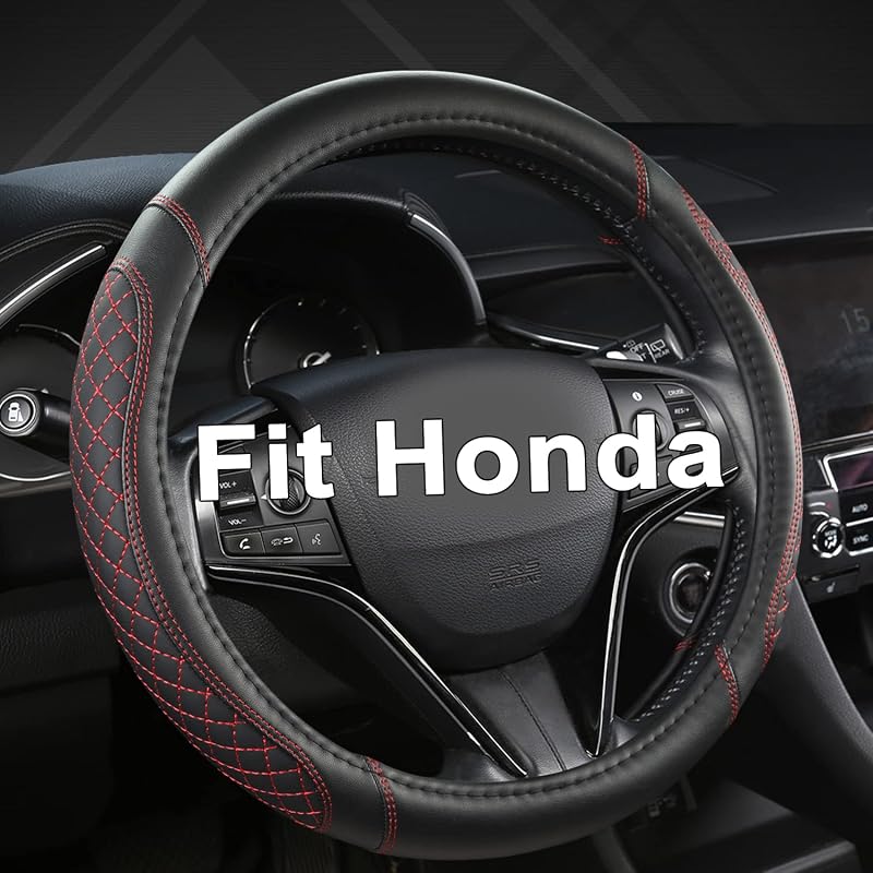 Capa para Volante West Llama em Couro de Microfibra com Costura Diamantada Preta e Vermelha para Honda, 37–38 cm