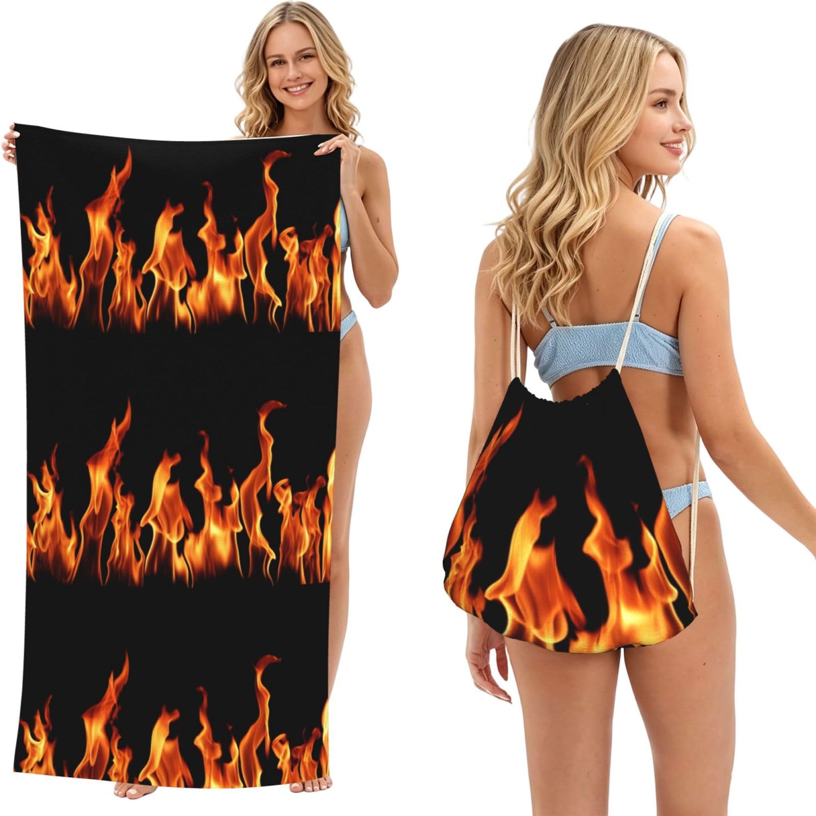 Poadnly As Picture Burning Flame Print Multicolor, 2 In 1 Packable Towel Bag, Beach Towels With Drawstring Backpack For Travel Holiday Camping