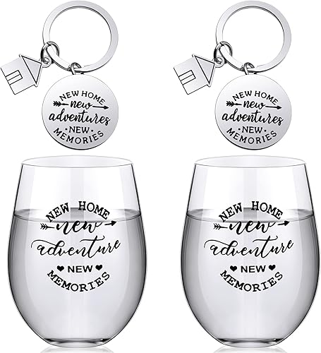 Lallisa 4 piezas de regalos de inauguración de la casa para la nueva casa, 2 botellas de copas de vino sin tallo y 2 llaveros de aventuras para