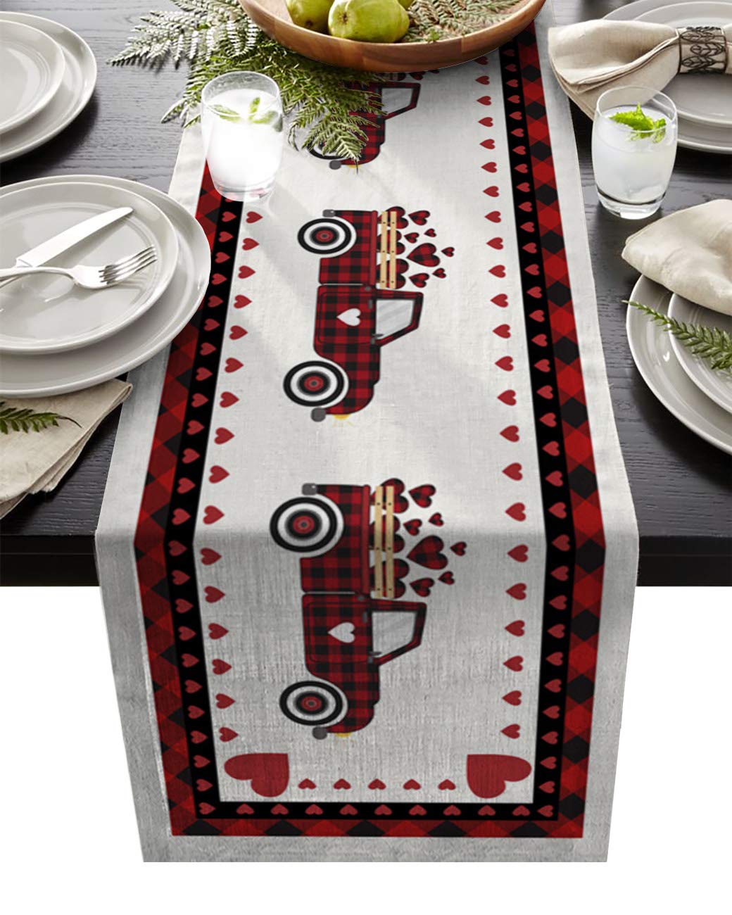 Dining Table Runner Dresser Scarf Linen Burlap Fabric,Happy Valentine's Day Red Black Buffalo Plaid Love Truck Washable Table Runners 108 Inches Long for Farmhouse Home Kitchen Wedding Party Decor