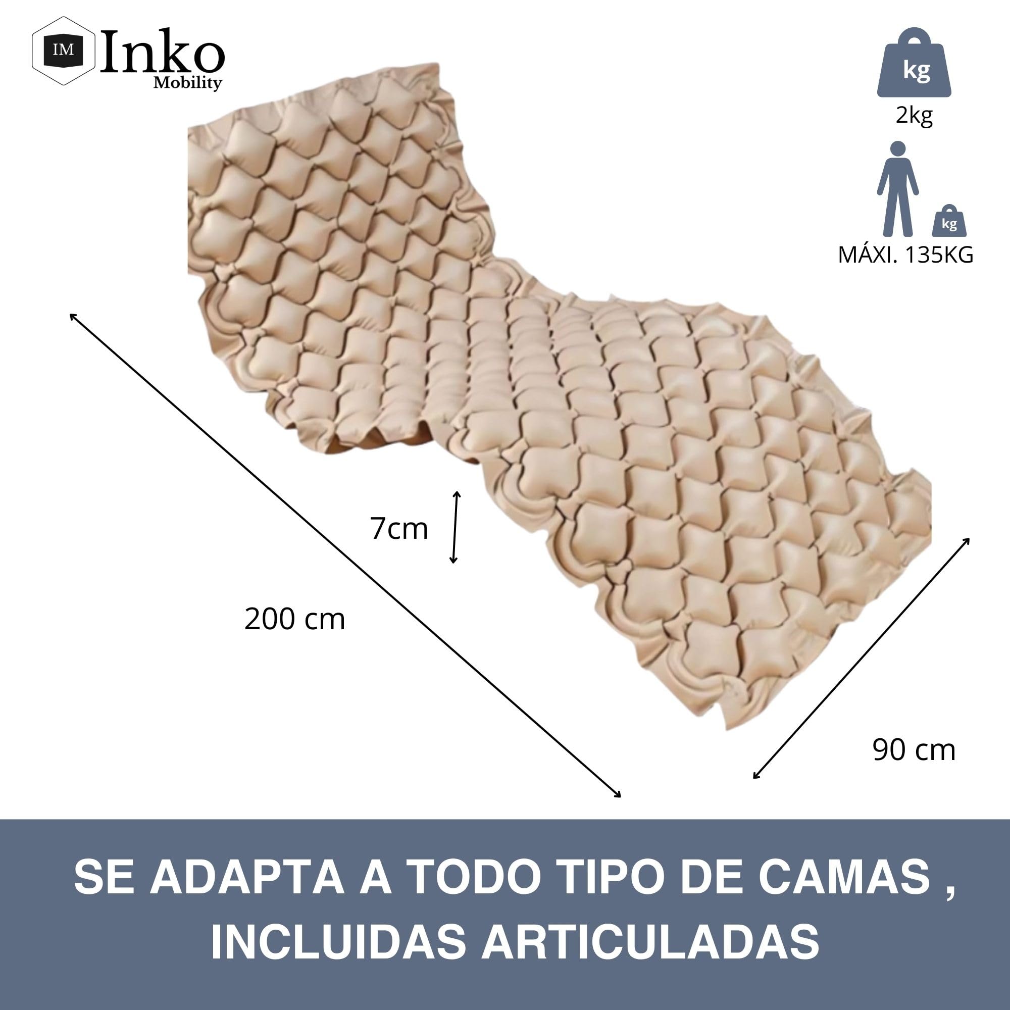 INKO Colchón antiescaras de Aire alternante, Modelo CA01, COMPRESOR SILENCIOSO,PVC médico, para escaras Grado I, Peso soportado 130kg, Medidas 200 x 90 x 7, 130 Celdas - Marca española