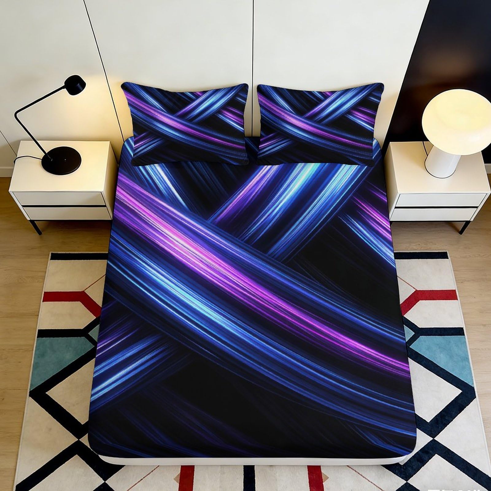 3D Printed Neon Light Streaks Fitted Sheet Microfiber Soft Breathable Futuristic Abstract Bed Cover for Bedroom Dorm Mattress Protection 90x200x25cm