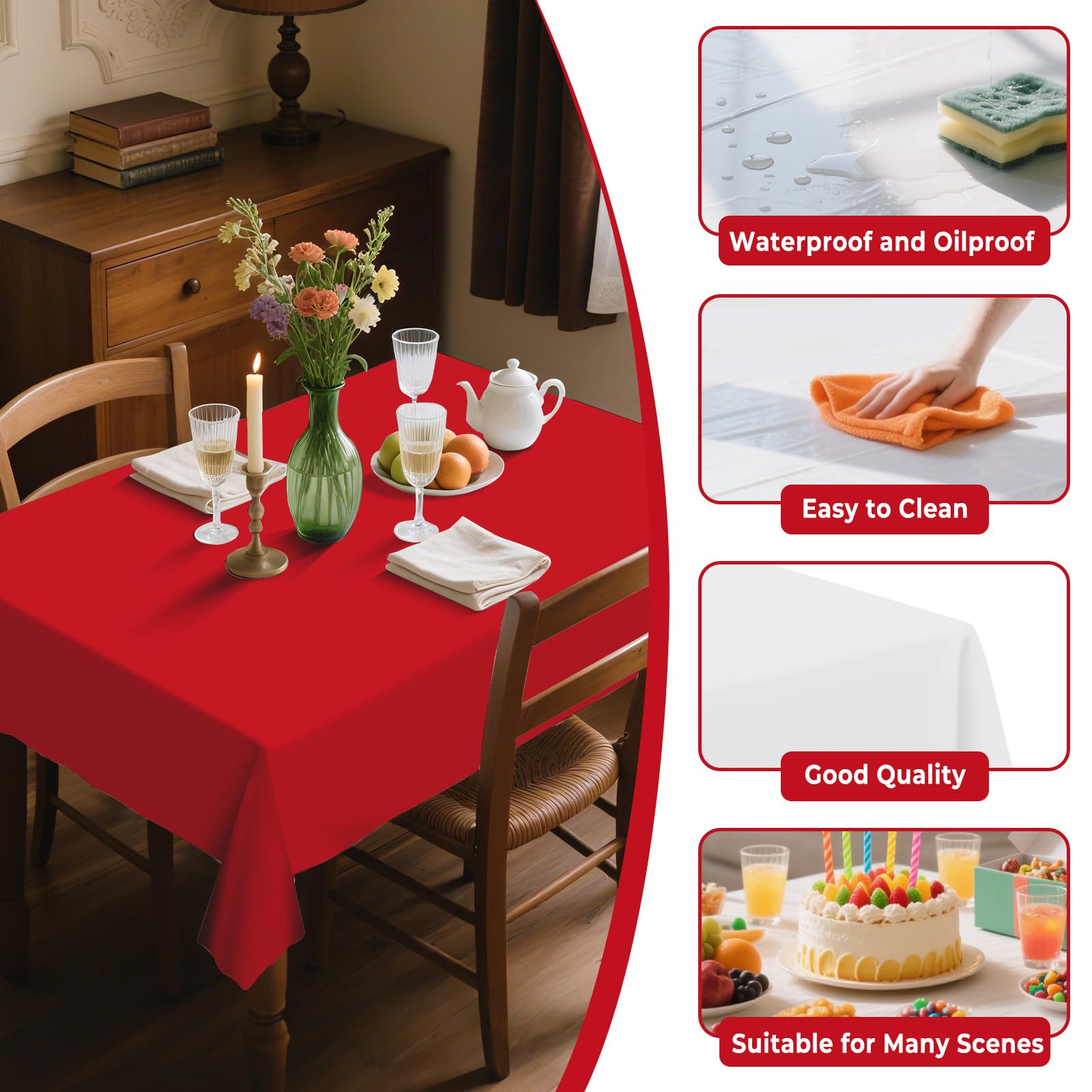 Lot de 8 nappes rectangulaires en plastique jetables pour tables de 1,8 à 2,4 m, 137,2 x 274,3 cm, pour fêtes (rouge, rectangulaire)