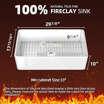 GETPRO White Farmhouse Kitchen Sink 30 inch Fireclay Apron Front Farm Sink Undermount Single Bowl Reversible Farmer House Style Kitchen Basin with Modern Accessories