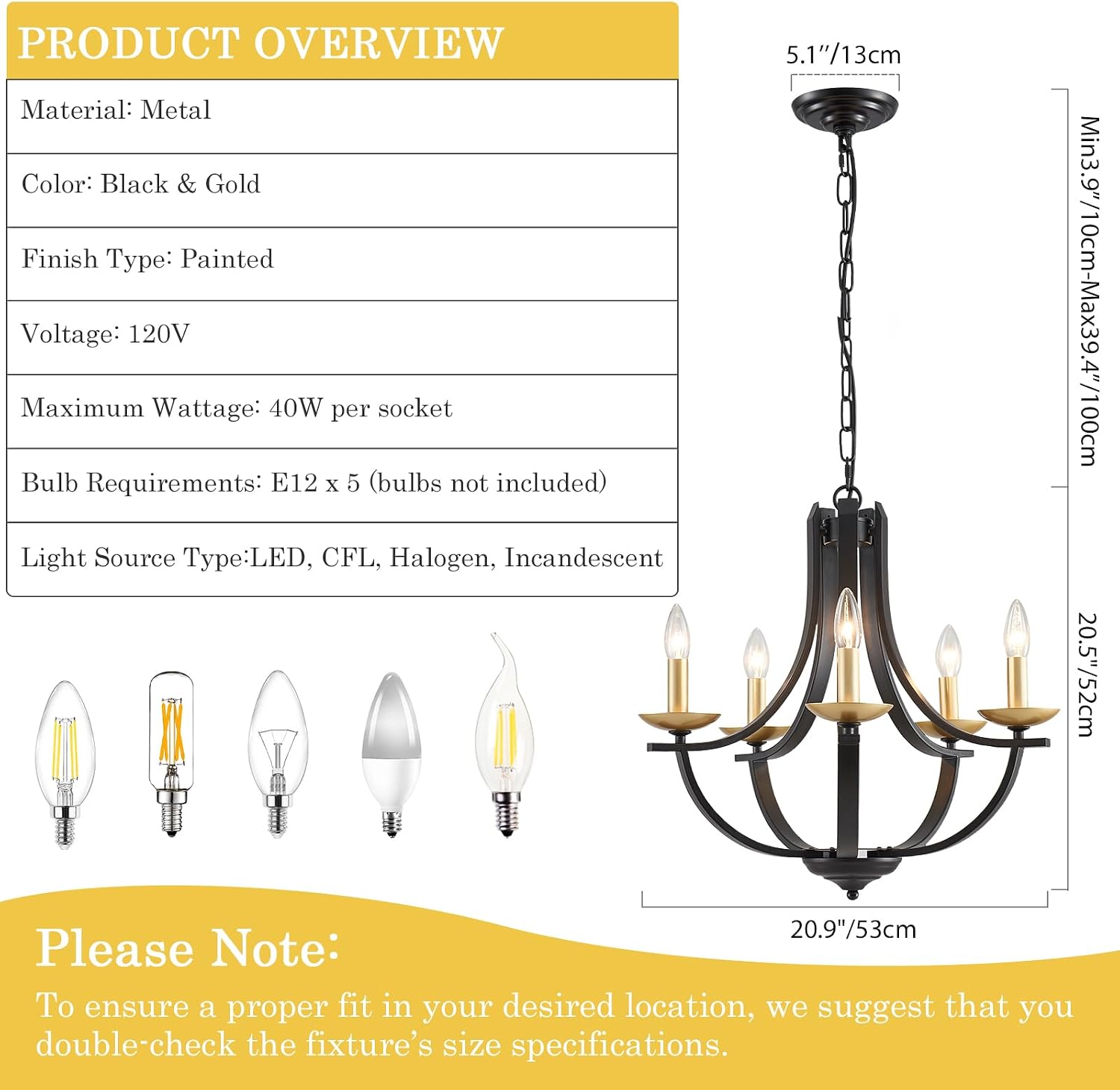 Black Candle Chandeliers 5-Light for Dining Room 21" Modern Farmhouse Pendant Lighting Fixture Rustic Adjustable Height Chandeliers for Hallway Kitchen Island Bedroom Foyer Metal Black Gold