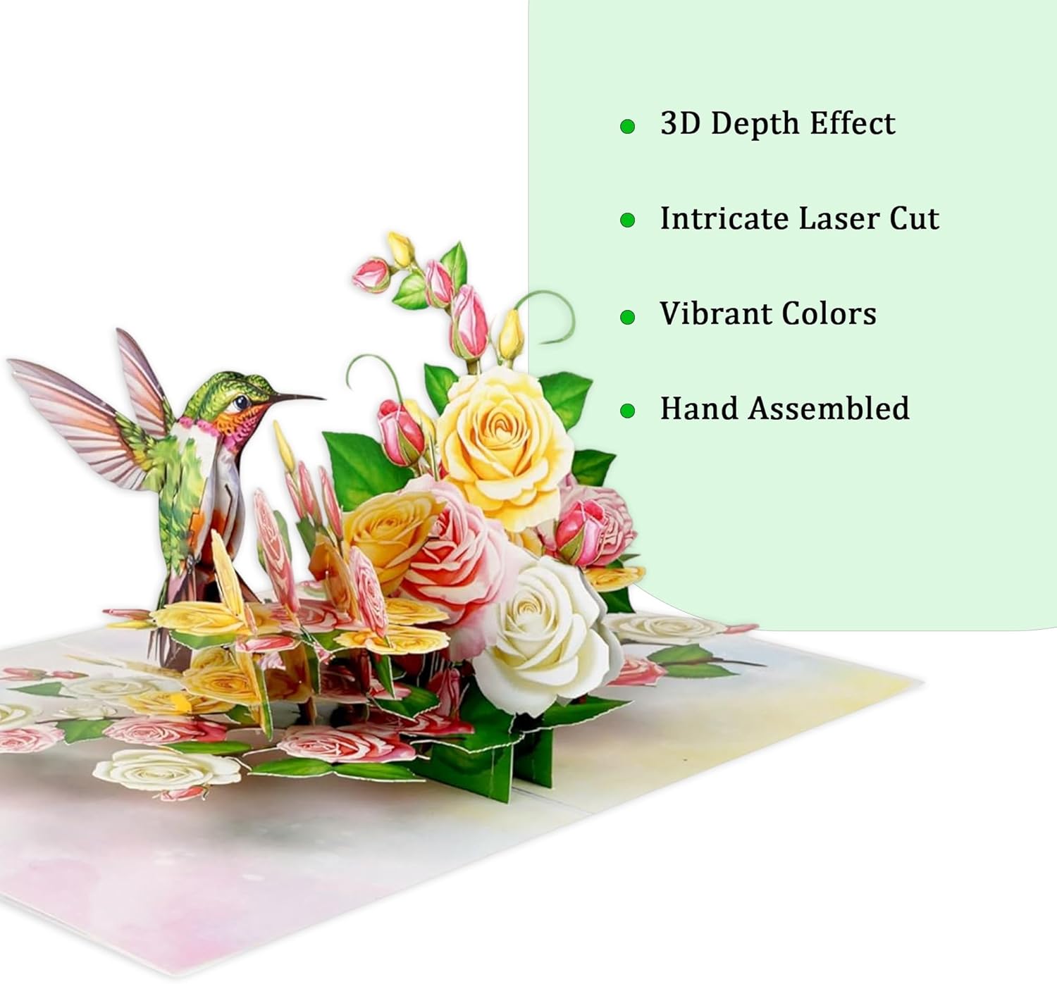 Greeting Card Green Hummingbird with Roses 3D Pop-Up Cards Handmade Birthday Flower Gift for Women, Mom, Wife, Men 6x8 Inches Aniversary Wedding Christmas Gifts Floral Thank you Envelope - Image 4