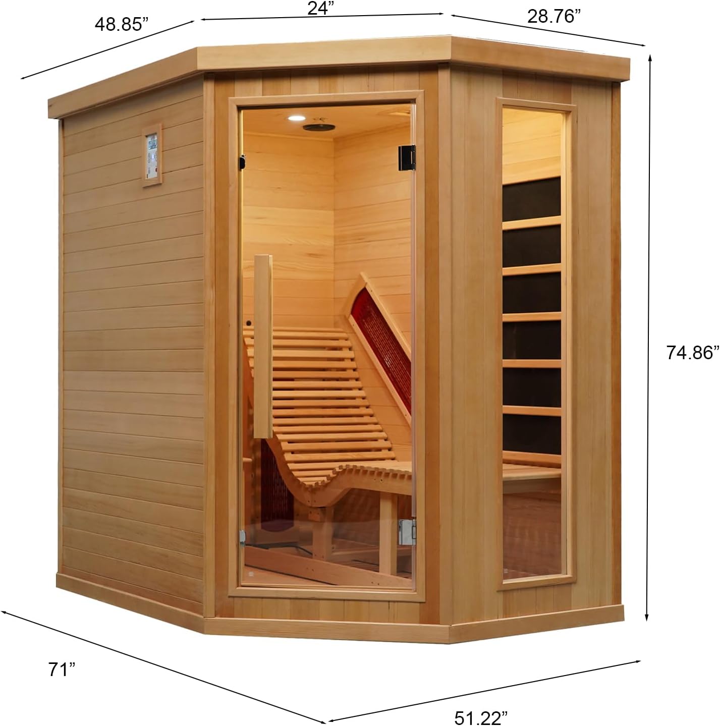 Smartmak Far Infrared Wood Sauna, 1 or 2 Person Full Spectrum Red Light Therapy Luxury Recliner Home Corner Sauna, Indoor Canadian Hemlock Dry Spa, 2300W with 8 Heaters, Speakers, Lights, Oxygen Bar