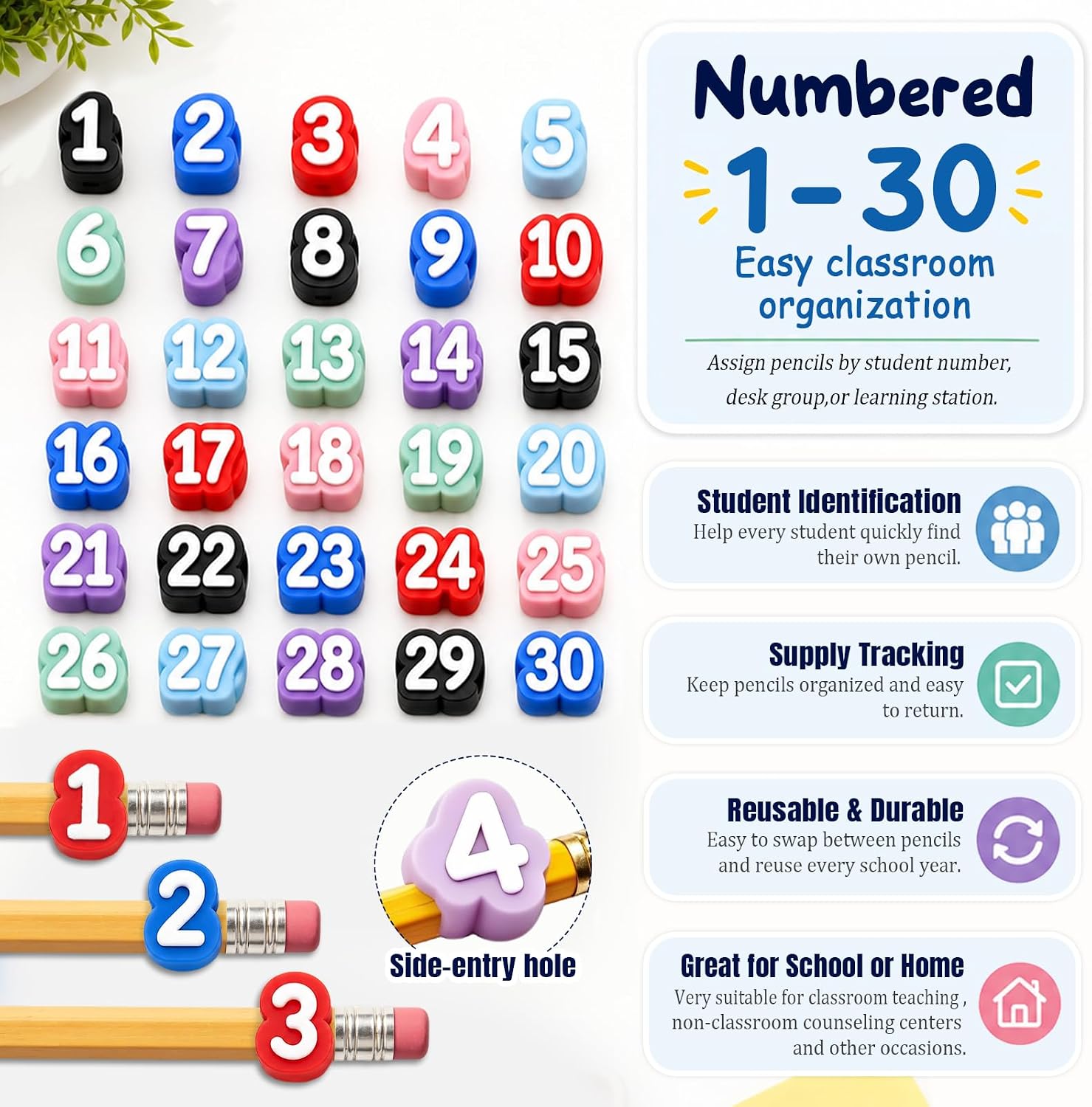 Numbered Pencil Toppers, 30/50 PCS, Reusable Classroom Labels and Identifiers, Cute 3D Pencil Charms for Teachers and Students, Classroom Organization & Supply Tracking(Numbers 1-30/Light Blue)