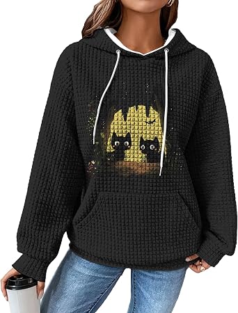 domirica Waffle Sweatshirt Women Oversized Hooded Pullover With Pocket Breathable Lightweight Fall Street Style Outfits