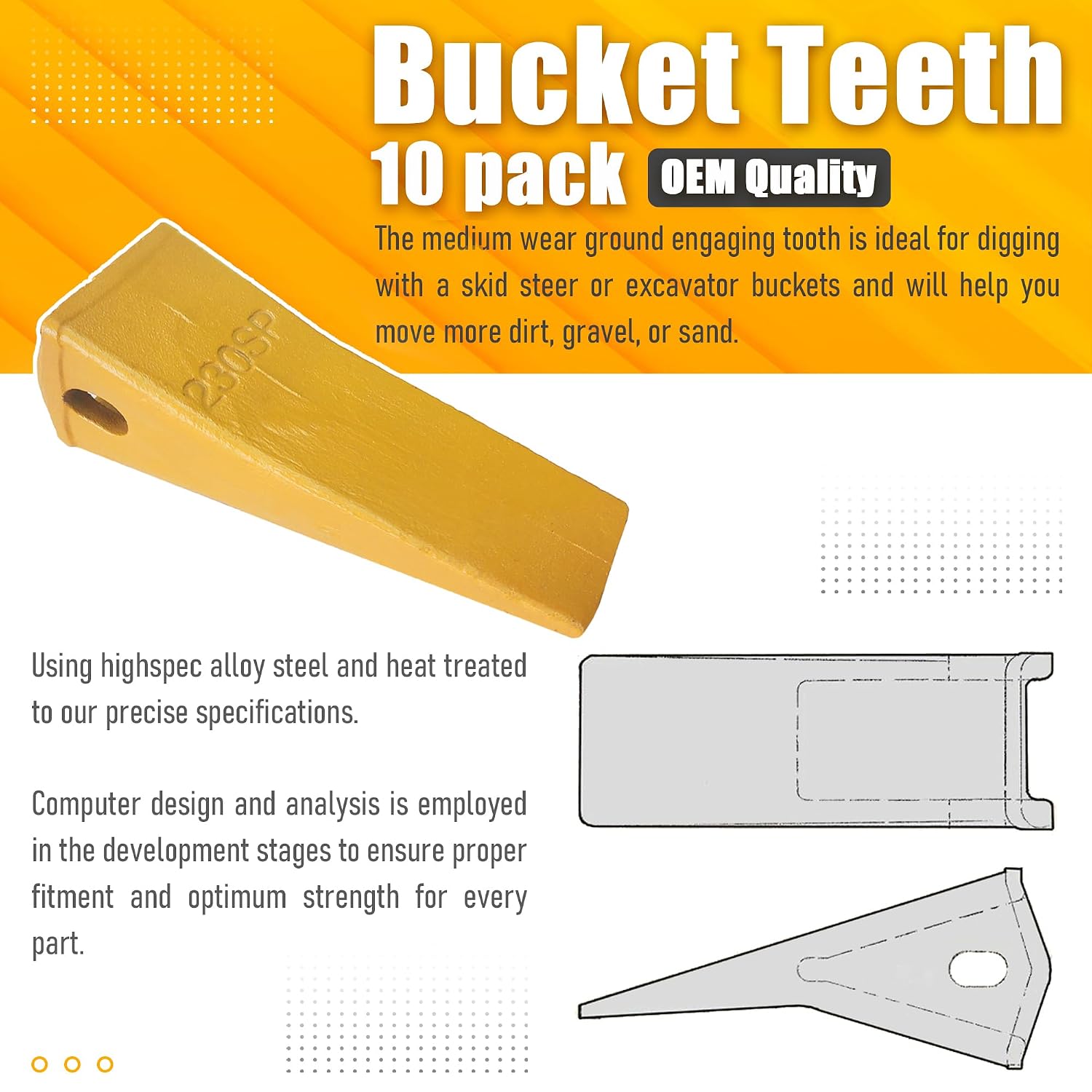 BDI WEAR PARTS 10 Pack 230SP Forged Backhoe Bucket Teeth with TF23P Flex Pins for 23 & 230 Series Skid Steer loaders and excavators -10PK