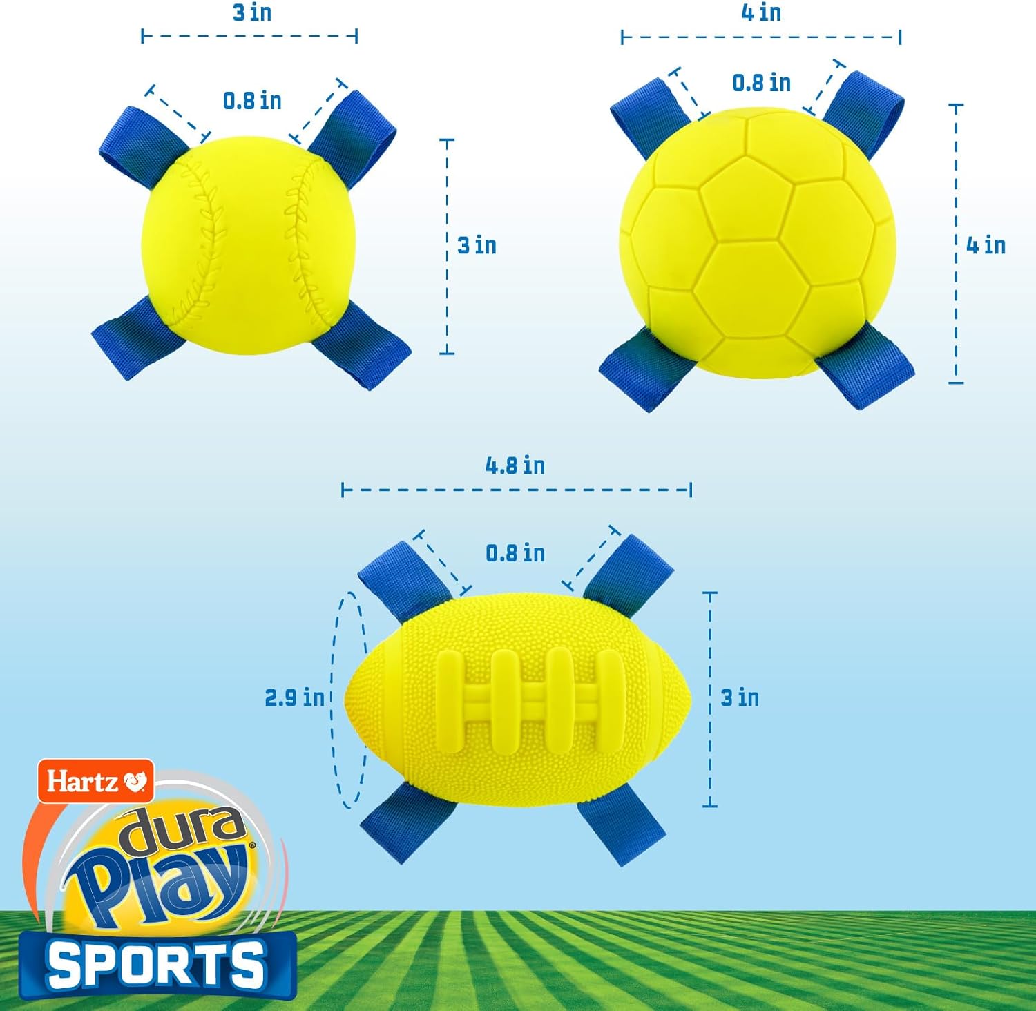 Hartz Dura Play Sports Ball Variety Dog Toy, Bacon Scented Squeaky Latex Yellow & Blue Toy, 3 Count
