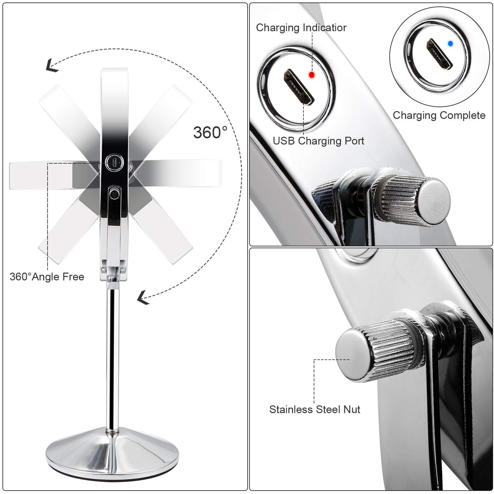 Lusterko do makijażu dwustronne, 1 x 7 x, powiększone lusterko kosmetyczne ze światłem LED, ładowanie USB, ekran dotykowy, 3 kolory, regulacja jasności 360°, obrót toaletki, łazienki, sypialni