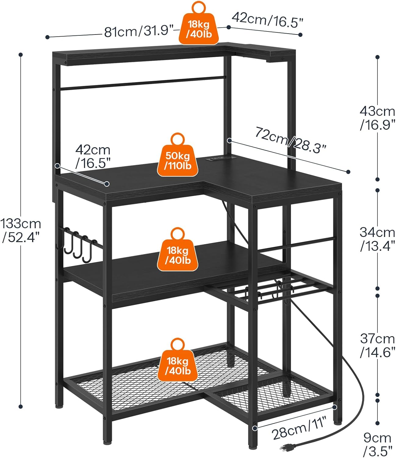 HOOBRO L-Shaped Bakers Rack with Power Outlet, 4-Tier Corner Microwave Stand with Storage, Coffee Bar Station with 8 Hooks, Kitchen Shelf Rack, 2 Installation Methods, Black BB20UHB01