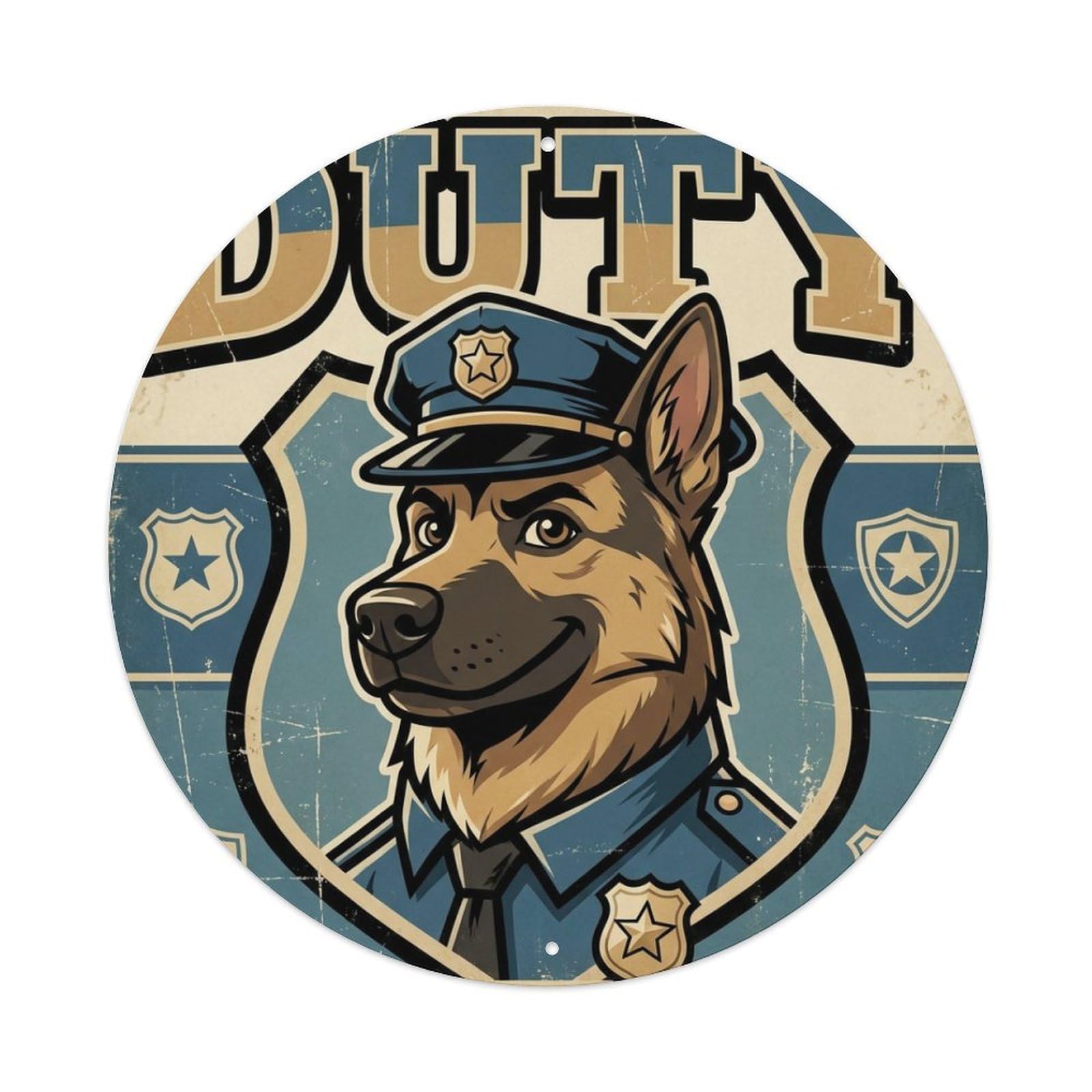 Pet Animal German Shepherd Duty Service Vintage Badge Loyal Metal Tin Sign Plaque Wall Decor for Cafe, Man Cave, Club Bar, Office, Home Garden Round Metal Poster 8x8Inch